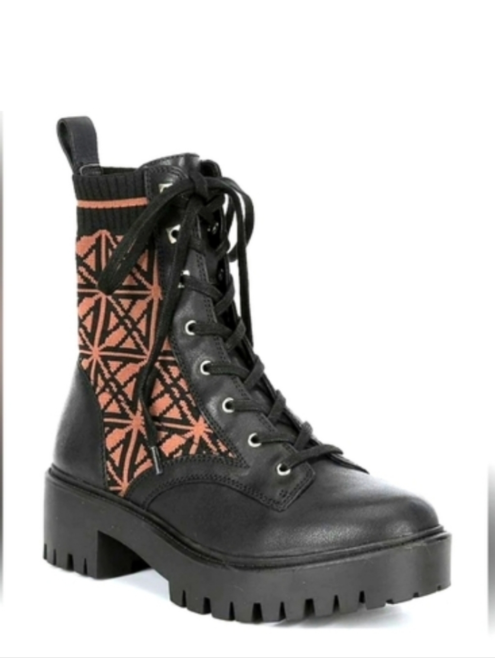 Antonio Melani Black Combat Boots with Coral Geometric Knit Panel Size 6.5